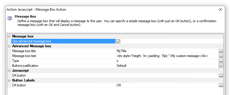 Advanced message box settings